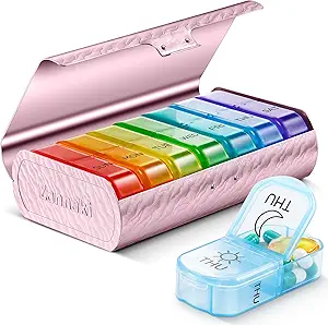 Zannaki Metal XL Organizador semanal de píldoras 2 veces al día, gran caja de píldoras diarias de viaje 7 días, semana portátil contenedor de dos veces, AM PM Caso de píldora para la medicina Suplemento de vitaminas, Rosa