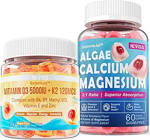 NEVISS Vitamina D3 5000IU + K2 (MK-7) 120mcg + Calcio Suplemento 600mg, Algae Calcium Magnesium 2:1
