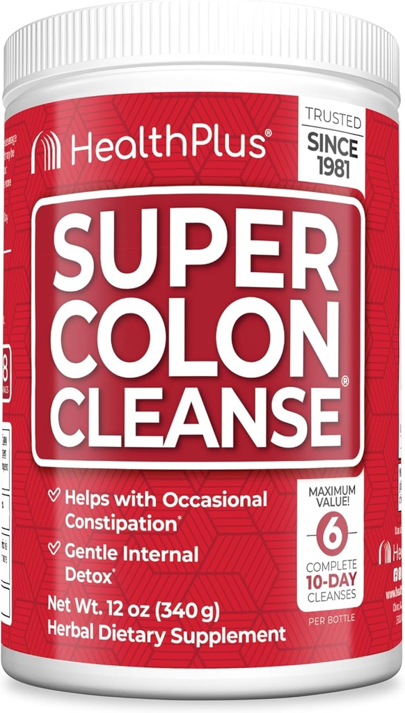 Health Plus Super Colon Cleanse, 12 oz Powder, 68 Servings - Detox natural, Digestive Constipation Relief, Gentle Gut Cleanse with Psyllium Husk & Senna Leaf