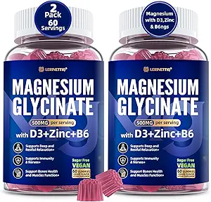 Magnesium Glycinate 500mg/250mg para adultos adolescentes - Plus D3,B6 &amp; Zinc - Magnesium Glycinate Gummies,High Absorption - Support for Relaxation,Brain,Bone &amp; Immunity Health - Sugar Free - 120Cts