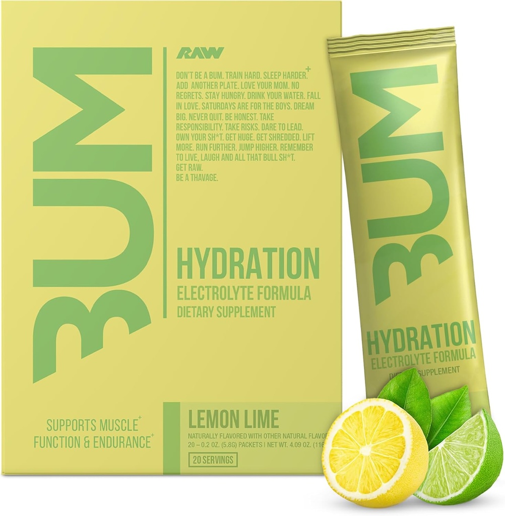 RAW Electrolytes Powder Hydration Drink Mix Packets, Bum Hydrate (Límon Lime, 20 Servings) - Electrolyte Hydration Packets Supports Muscle Function & Endurance - Keto Free Electrolytes Powder Packets