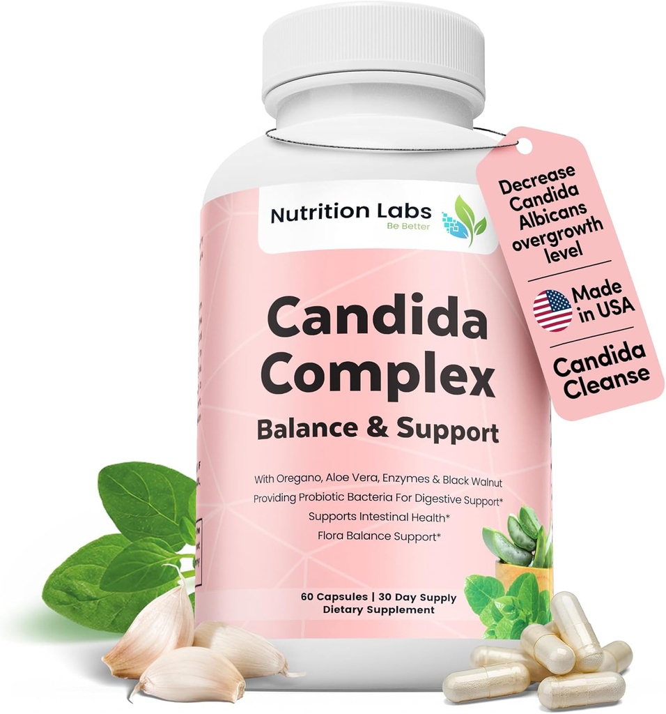 Suplemento Candida Cleanse para Balance &amp; Support, Candidase Detox, Mujeres &amp; Hombres Gut Health & Flora, pH Level, Intestinal Health. Probióticos Lactospore®. Anti Yeast Overgrowth W/ Oregano, Caprylic Acid