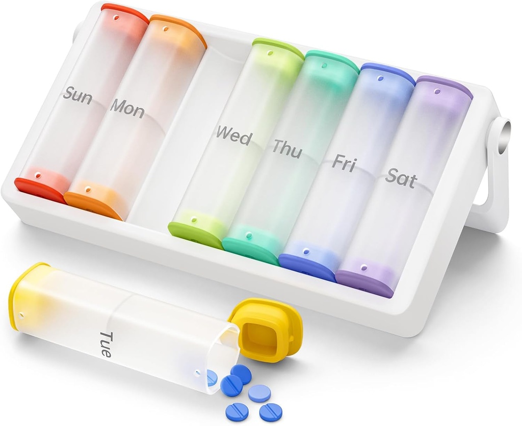 Organizador semanal de píldoras 2 veces al día, KOVIUU caja grande de píldoras de viaje 7 días, Am Pm Twice Daily Pill Case with Rotatable Handle, Pill Holder Container for Vitamin, Medicine, Supplement, Translucent-White