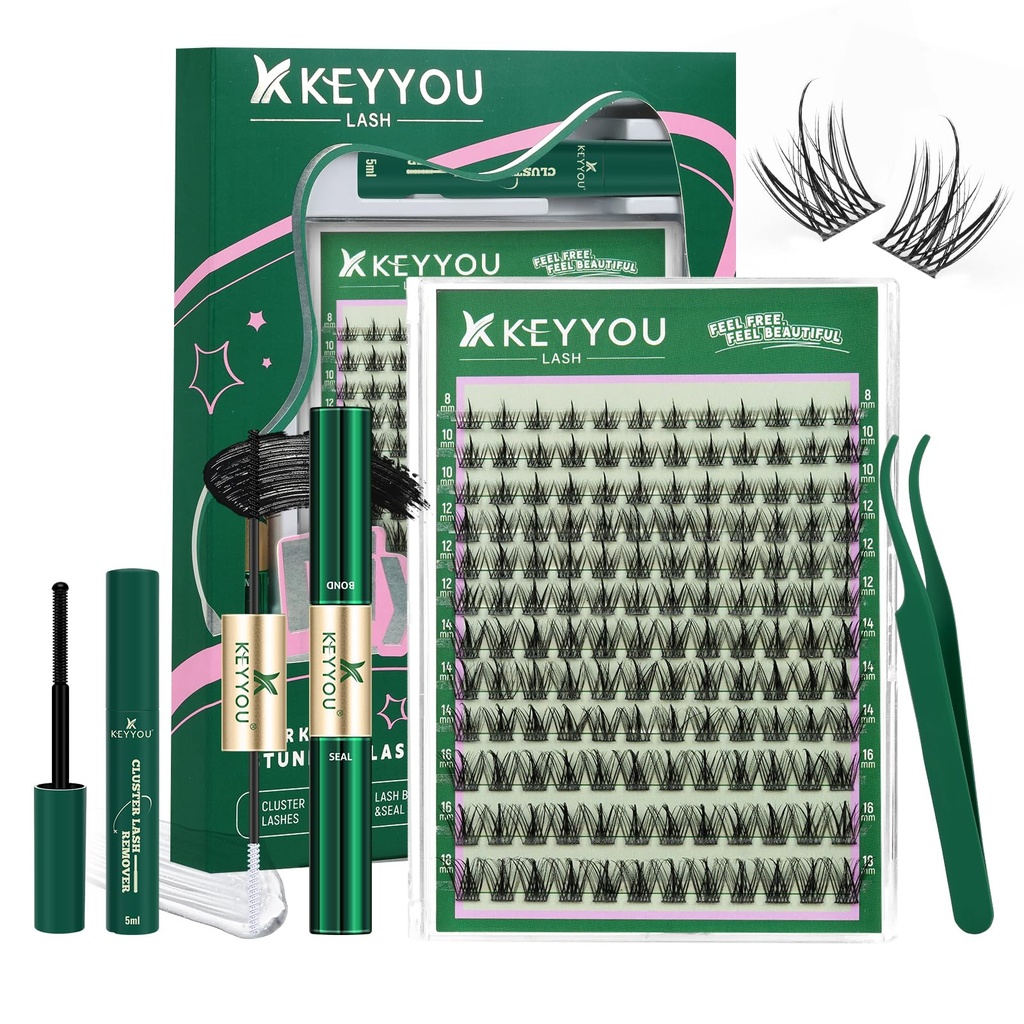 KEYYOU LASH Lash Clusters Kit Manga Lashes 8-18mm C Curl Wispy Lash Clusters Ultra-Thin Natural Lashes with Spike Eyelash Extensions 144pcs Fairy False Eyelashes with Remover Bond and Seal（F03 Kit）