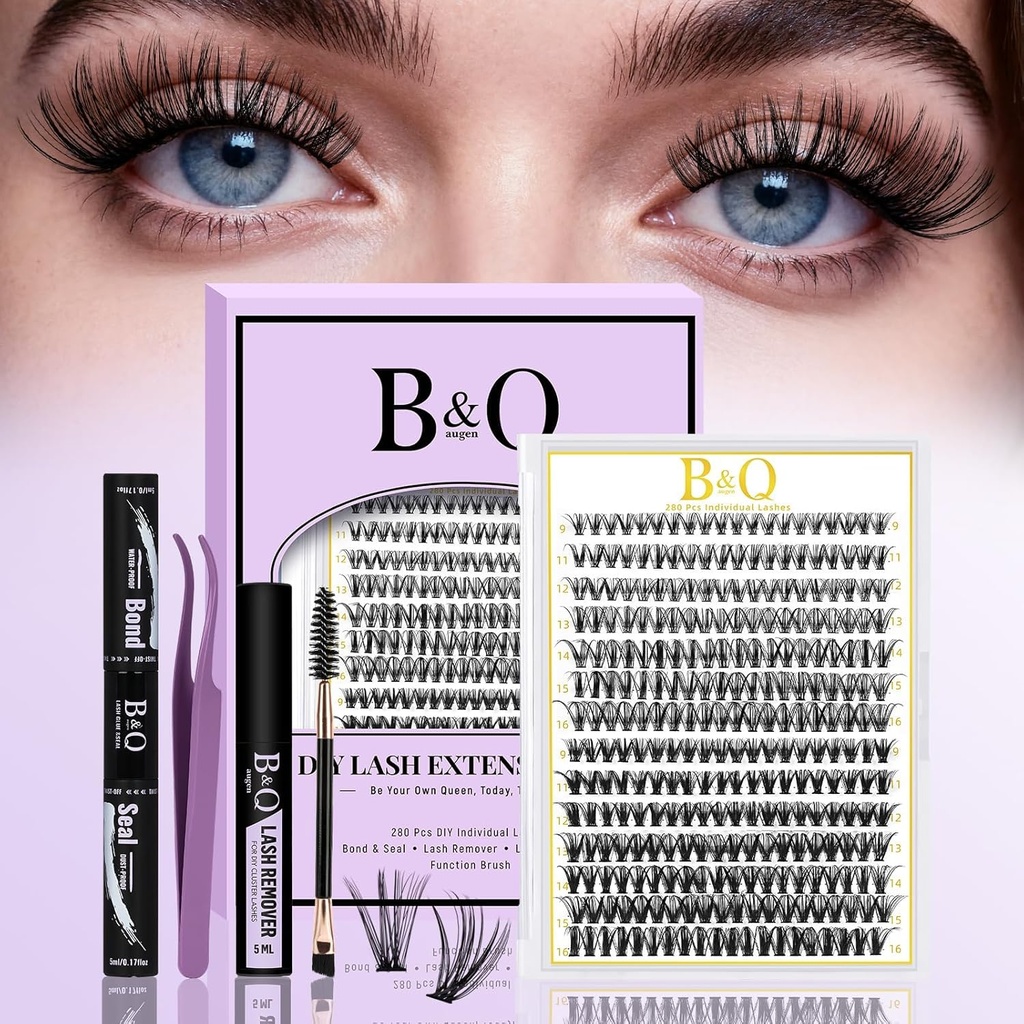 B&Q Lash Clusters Kit 280PCS Eyelash Clusters Kit,30D 40D D 9-16MIX Individual Lash Comfortable Eyelash Extension Set, Classic Look with Bond and Seal Waterproof, Remover DIY at Home(Set,30D+40D)