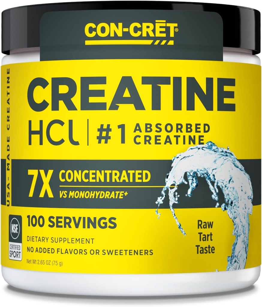 CON-CRET Creatine HCl Powder ← Muscle, Cognitive, Cellular Energy Support Silencio No Bloating or Cramps Silencio USA Made &amp; NSF Certified ← Unflavored (100 Serving)