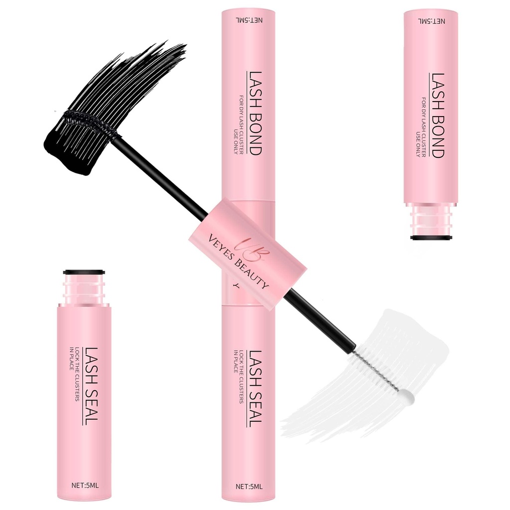 VEYESBEAUTY Lash Bond and Seal Waterproof 2 in 1 Cluster Lash Glue for Eyelash Extensions Long Lasting Strong Hold Individual Eyelash Glue for Self-Application at Home 5ml+5ml