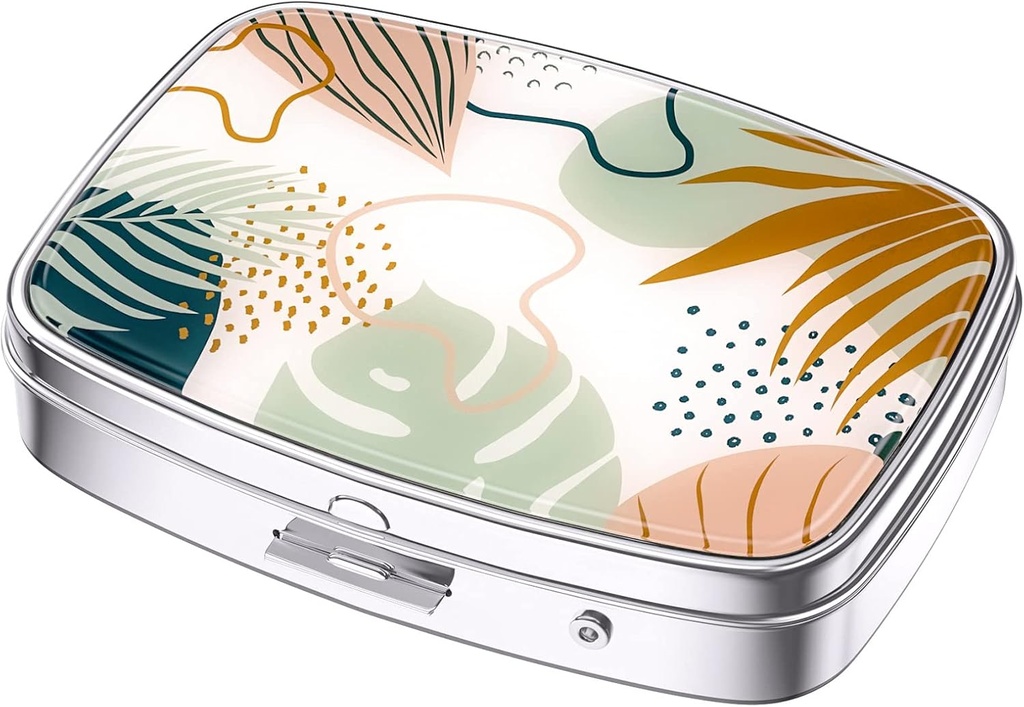 Nipichsha Pill Box, Small Pill Case for Purse & Pocket, Cute Travel Medicine Organizer, Portable Medicine Container Holder to Hold Vitamins, Medication, Fish Oil & Supplements, Boho Leaves