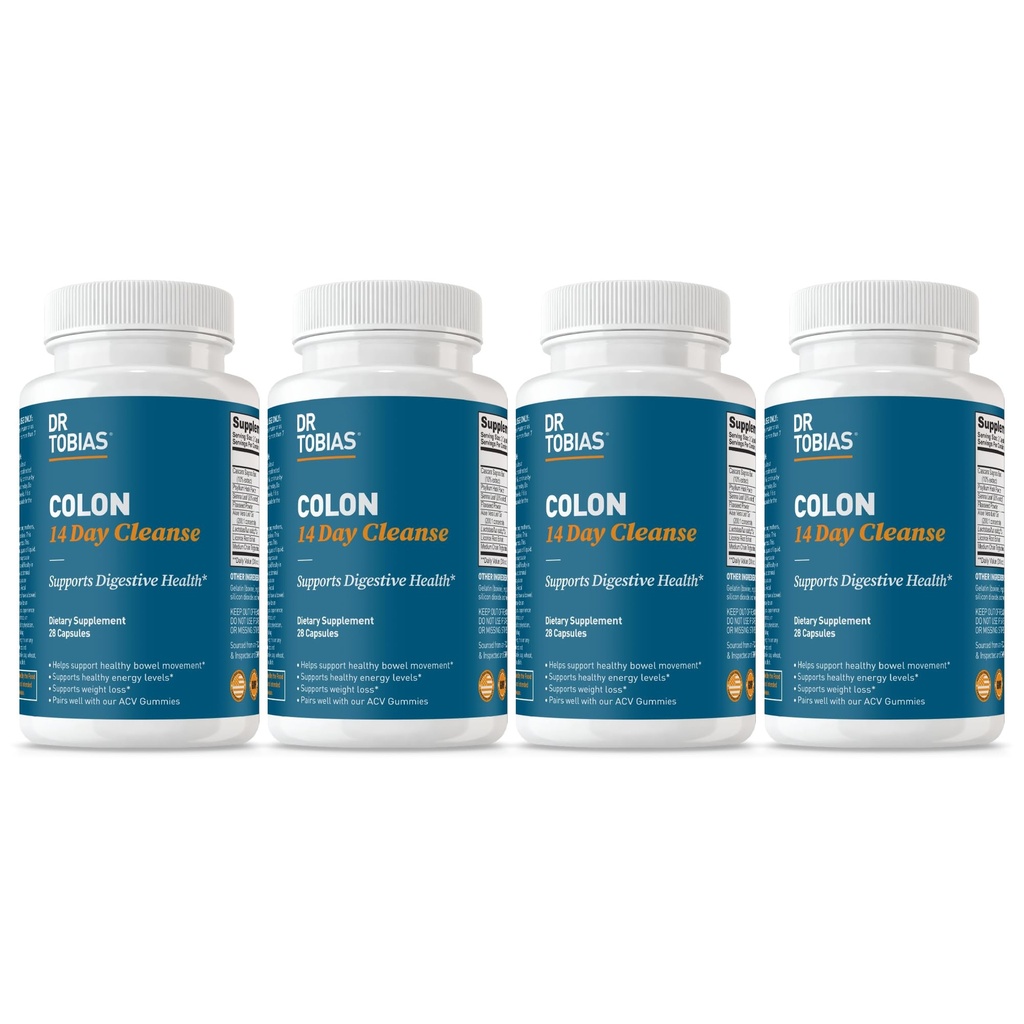 Dr. Tobias Colon Cleanse - Constipation Relief & Gut Health Support for Women & Men | 14 Day Colon Cleanser for a Gentle Colon Detox & Gut Flush - 4 Bottles of 28 Capsules