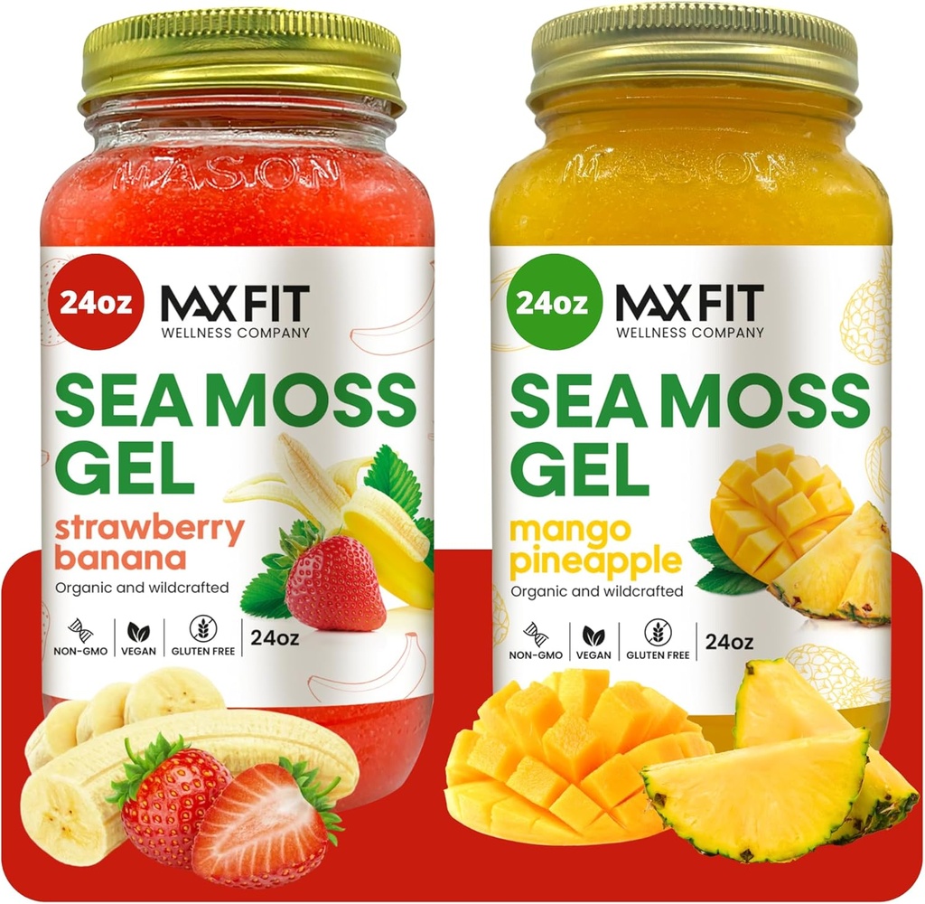 Sea Moss Gel Organic Raw (Bundle of 2 Jars 24oz) Strawberry Banana y Mango Pineapple Wildсrafted Gold Sea Moss Gel de Santa Lucía ← 92 Vitaminas y Minerales  Pure Raw+Non-GMO  Vegan Superfood