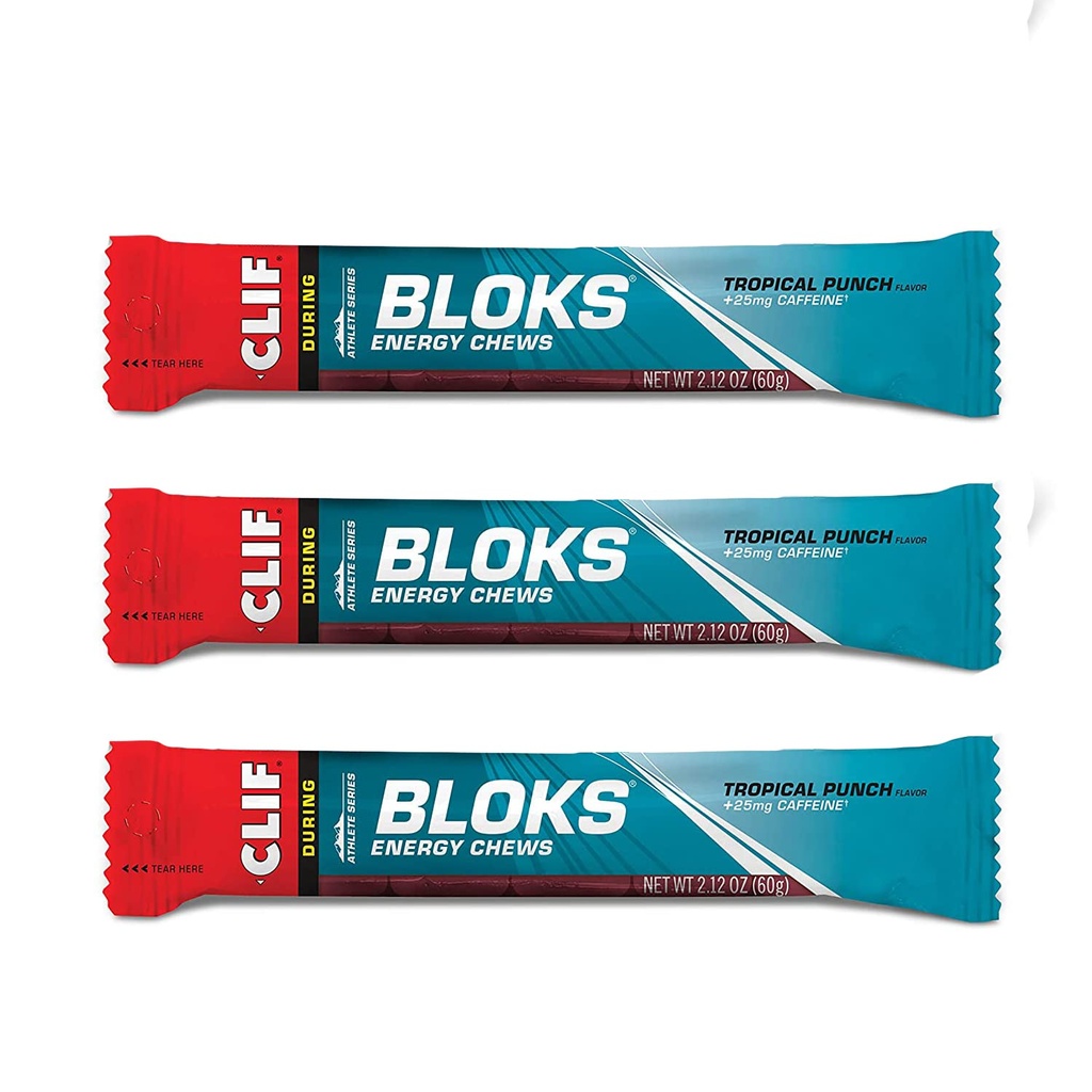 CLIF BLOKS - Energy Chews - Tropical Punch with 25 mg Caffeine- Non-GMO - Plant Based Food - Fast Fuel for Cycling and Running -Workout Snack (2.1 Ounce Packet, 3 Count)