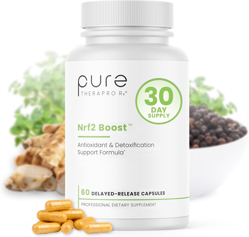 Pure TheraPro Rx Nrf2 Boost - NRF-2 Activetor with Patented Sulforaphane, Curcumin, Green Tea & Trans-Pterostilbene ← Suplemento Antioxidante para reducir la tensión oxidativa, hecho en EE.UU. (60 cápsulas Vegan)