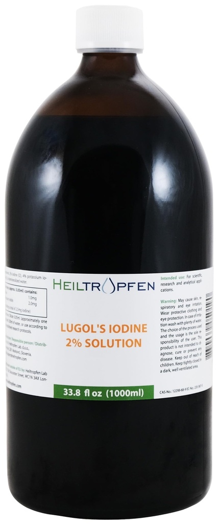 2% Lugols Iodine Solution | 33.8 Fl Oz - 1000 ml | Third-Party Tested | Pharma Grade Ingredients | Made with 2 Percent Iodine and 4% Potassium Iodide | Glass Bottle | Lugol's Solution | Heiltropfen®
