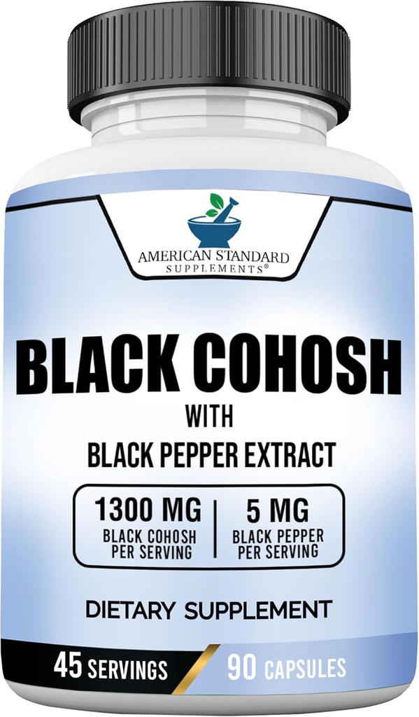 American Standard Supplements Black Cohosh 1300mg Por Serving with Black Pepper Fruit Extract - Vegan, Gluten Free, Non-GMO, 90 cápsulas, 45 piezas