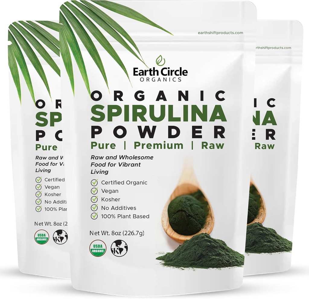 Círculo de Tierra Orgánicas Spirulina Powder, Kosher, Raw y no irradiado ← Pura proteína vegana ← Energía Premium Superalimentos, Alta Aminoácidos y Antioxidantes - (8oz - 3 Pack)