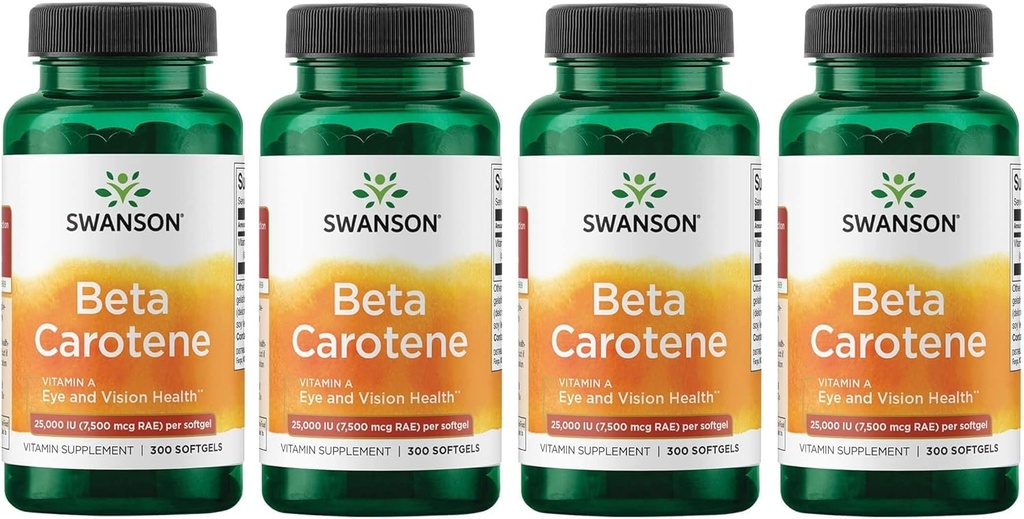 Swanson Beta-Caroteno Vitamina A 25000 UI Softgels - Skin, Eye, and Immune System Health - Antioxidant Support - 7500 mcg (300 Softgels) (4 Pack)