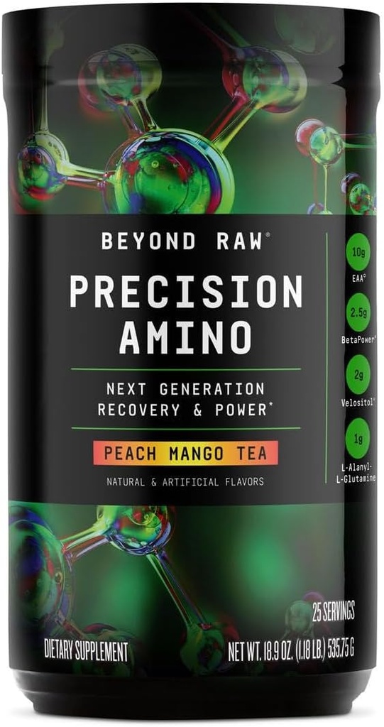 BEYOND RAW Precision Amino, Recovery & Power Amino Acid Formula, Fuel Muscles, Enhance Hydration, Peach Mango Tea, 25 Servings