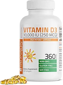 Bronson Vitamin D3 10,000 IU (250 mcg) High Potency - Supports Healthy Immune System, Strong Bones, Muscles & Teeth - Non GMO, 360 Softgels (1 Year Supply)