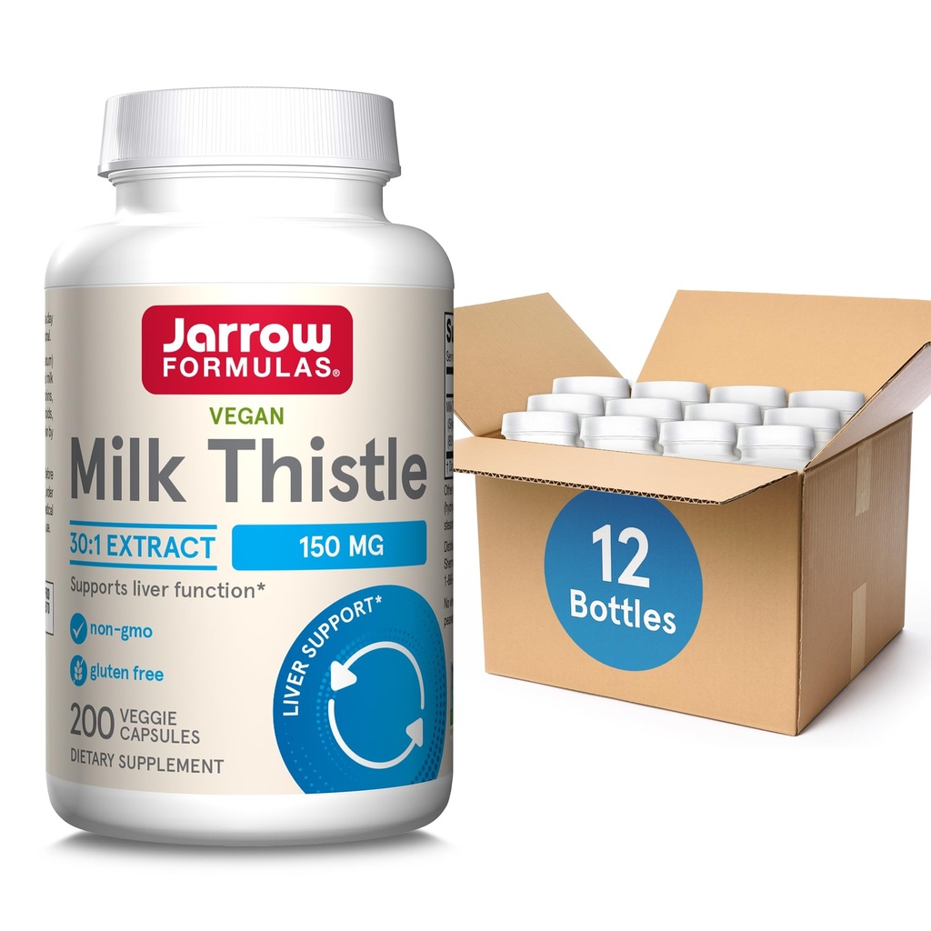 Jarrow Formulas Milk Thistle 150 mg With 30:1 Standardized Silymarin Extract, Dietary Supplement for Liver Function Support, 200 Veggie Capsules, 66-200 Day Supply, 12 Packs