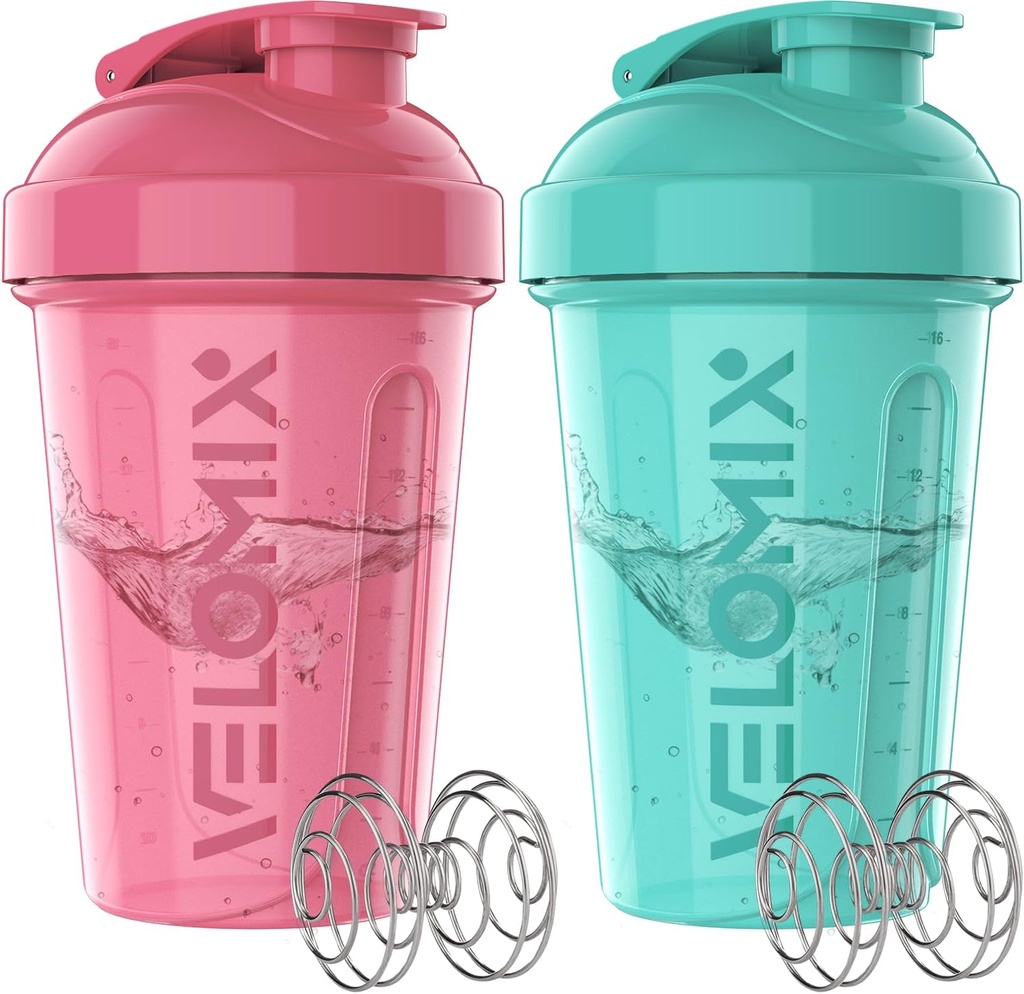 VELOMIX -2 Pack- 20 oz Protein Shaker Botellas para Protein Mixes - 2x Wire Whisk ← Leak Proof Shaker Cups for Protein Shakes and Pre Workout  Protein Shaker Bottle Pack (Pink/Turquoise)