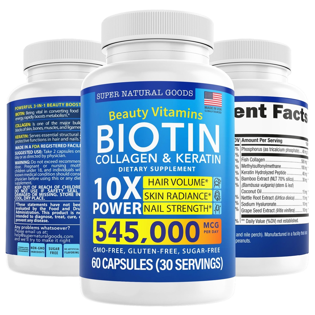 Biotina y colágeno Vitaminas + Keratina con Folato - Tratamientos de Pérdida de Cabello para Mujeres &amp; Hombres - Follicle, Skin y Nails Suplementos para el Crecimiento del Pelo &amp; Postpartum Support - GMO Gratis &amp; Gluten Gratis (60 Caps)