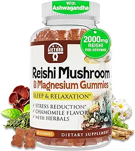 Reishi Mushroom Gummies, Cortisol Supplements for Women &amp; Men, with Reishi Mushroom Extract, Ashwagandha, Magnesium, Relax Herbals Blend for Rest, Calm, Immune & Energy, Vegan, 60 Gummies