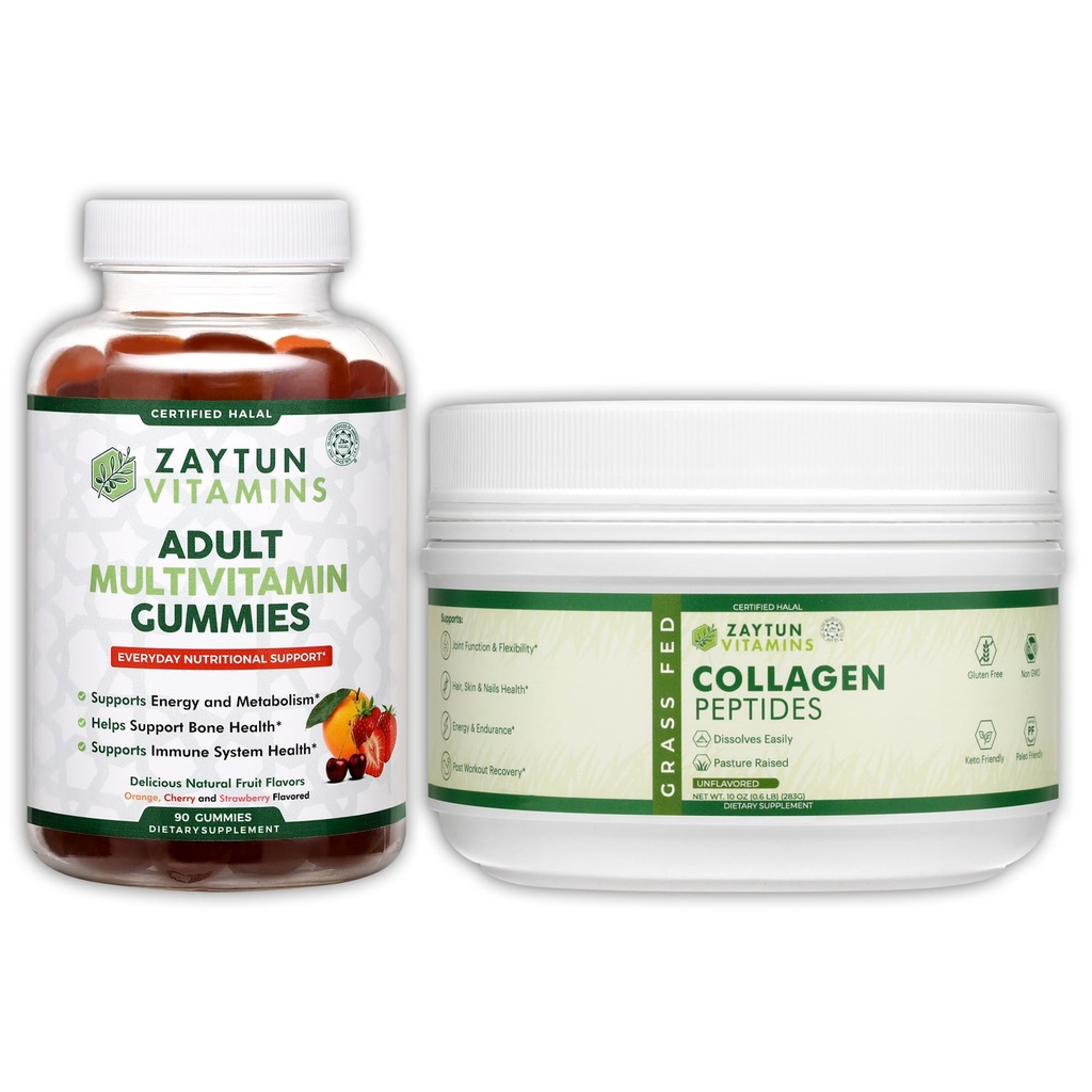 Zaytun Halal Adult Multivitamin Gummies + Collagen Peptides Bundle, Supports Daily Nutrition, Skin & Hair Health, Energy Balance, Non-GMO, Gluten Free, Made in USA