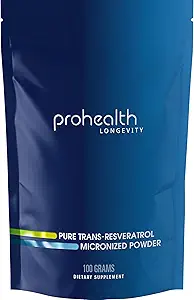 ProHealth Longevity Bulk Trans Resveratrol Powder 100 Grams - Pure Pharmaceutical Grade, 1000 mg por Scoop, Absorción Superior y Biodisponibilidad