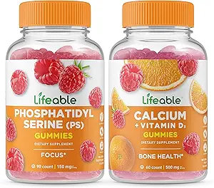 Phosphatidylserine (PS) + Calcio con Vitamina D, Gummies Bundle - Gran Tasting, Suplemento de vitamina, Gluten Gratis, GMO Gratis, Chewable Gummy