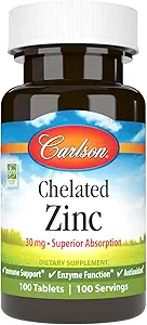Carlson - Zinc Chelated, 30 mg - Absorción Superior, Apoyo Inmunitario " Función Enzima, Antioxidante, 100 tabletas
