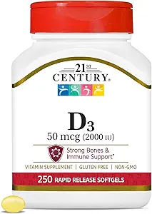 21st Century D3 2000 IU Softgels, 250 Conde