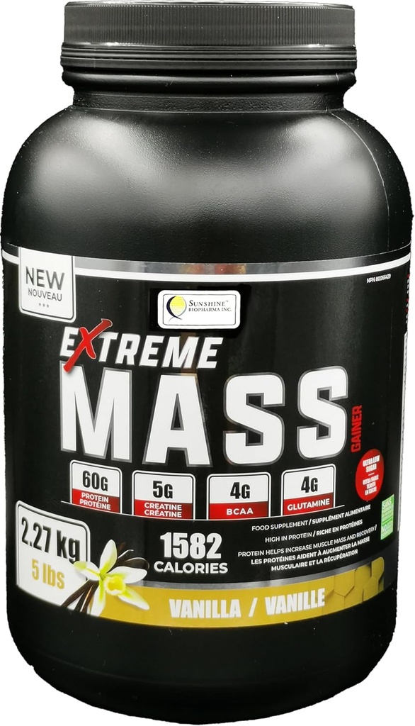 Extreme Mass Gainer Muscle Builder, 5 lb (2,27 kg) Calorias bajas de azúcar para entrenamientos intensos (Vanilla)