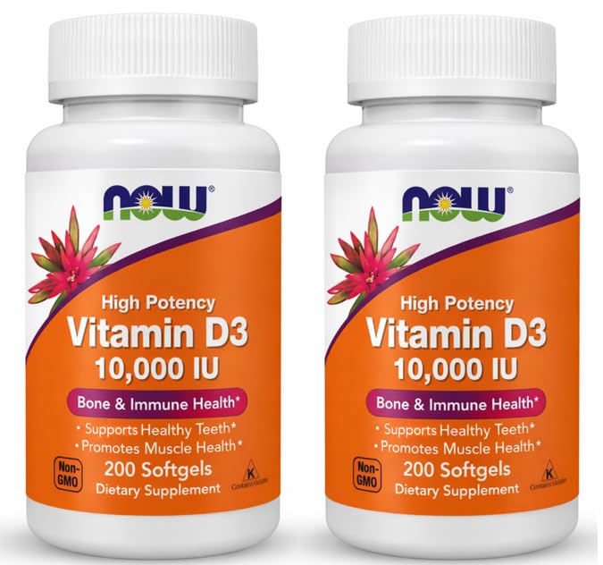 NOW Foods Supplements Vitamin D-3 10,000 IU Highest Potency Structural Support 200 Softgels Pack of 2