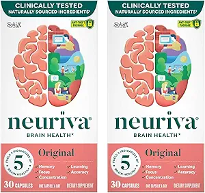 NEURIVA Original Brain Supplement for Memory, Focus " Concentration + Learning " Accuracy with Clinically Tested Nootropics Phosphatidylserine and Neurofactor, Caffeine Free, 30 Capsules (2 Pack)