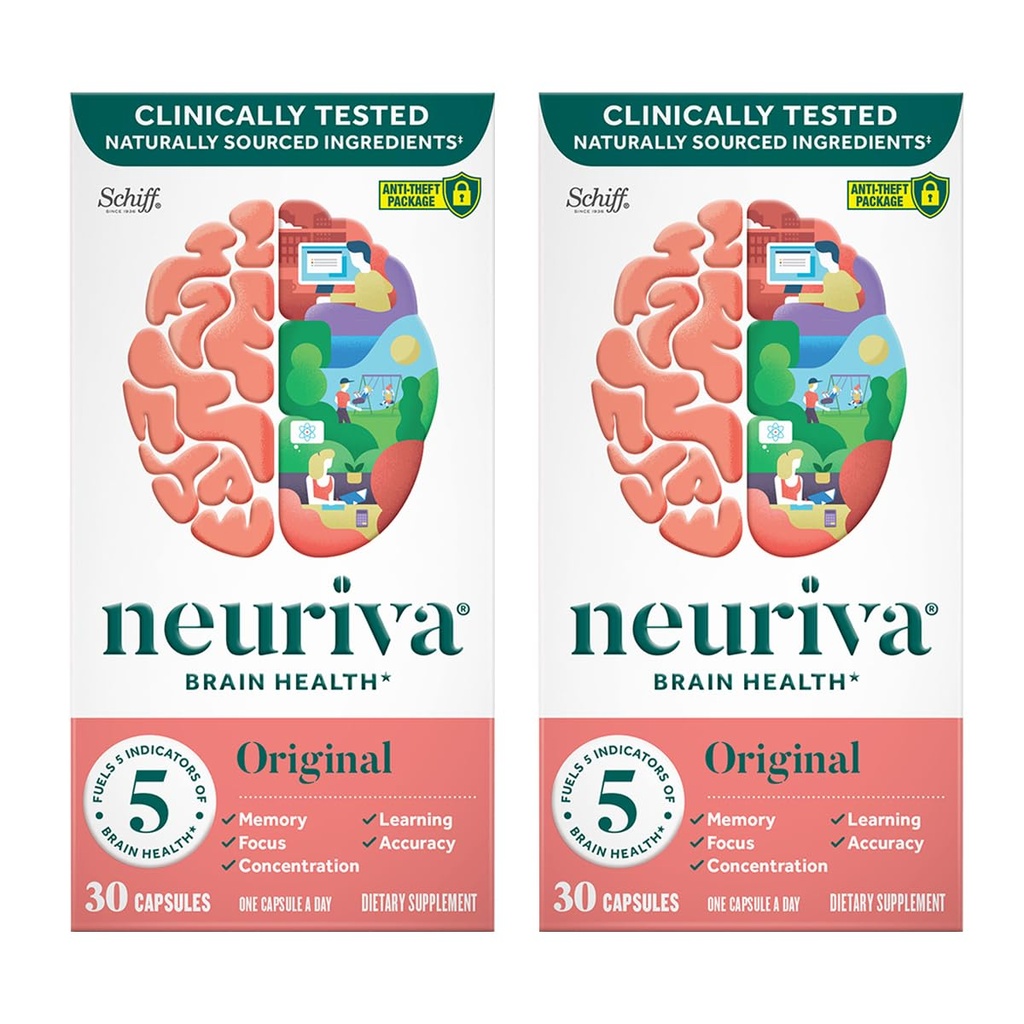 NEURIVA Original Brain Supplement for Memory, Focus " Concentration + Learning " Accuracy with Clinically Tested Nootropics Phosphatidylserine and Neurofactor, Caffeine Free, 30 Capsules (2 Pack)