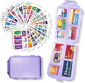 Pocket Pharmacy with Medicine Labels 146 Labels Travel Daily Pill Container Mini Medication Organizer Storage Pill Organizer Travel Essentials Pill Case 7 Day Pill Organizer (Purple, 1 Pack)