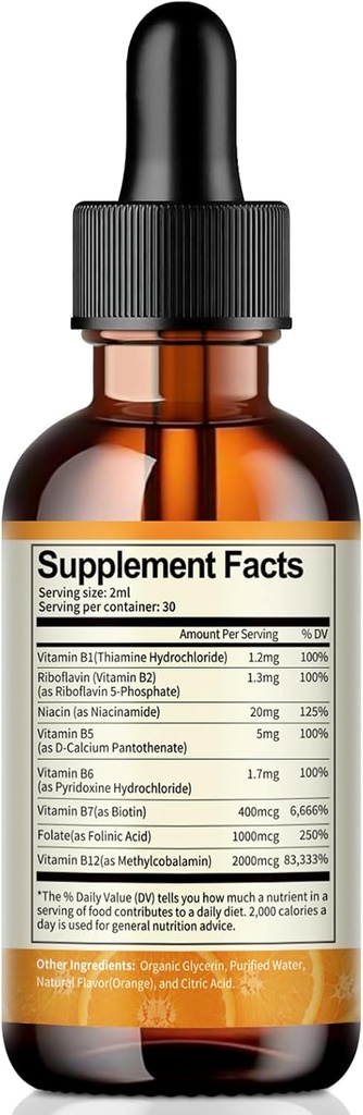 Liposomal Vitamina B Complejo gotas con vitamina B1 Thiamine, B2 Riboflavin, B3 Niacina, B5 Ácido Pantoténico, B6 Pyridoxina, B7 Botin, B9 Folate, Metil B12 para Energía, Metabolismo, Esquí, Mood-2 FL.OZ