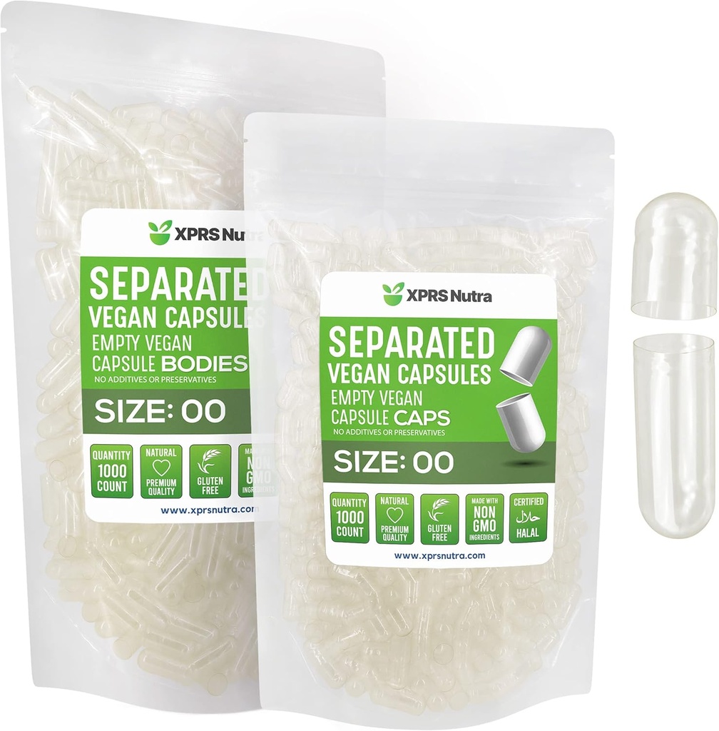 XPRS Nutra Vegan Tamaño 00 cápsulas separadas - 1000 cápsulas de vacío Premium de cuenta separadas en bolsas - Limpiar el vacío 00 pastillas para relleno de suplementos de bricolaje