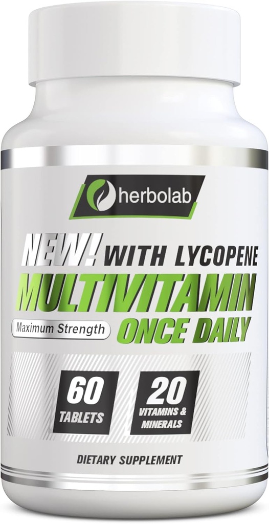 herbolab multivitamínico una vez al día, Max Strength Vitamins A, C, D, E, K, B1, B2, B6, B12, Niacin, Calcio, Magnesio, Zinc, Selenium, Copper, Manganese, Cromo con Lycopene, 60 Conde 2 Mo Supply