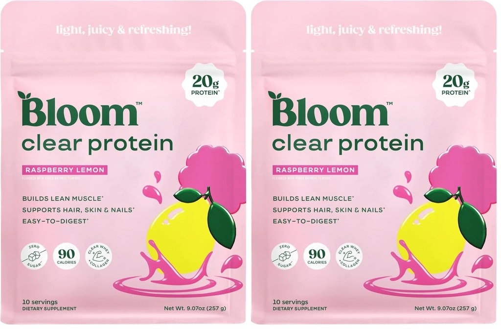 Bloom Whey Clear Protein, Raspberry Lemonade 10 Servings, 9.07 fl oz (Pack of 2)