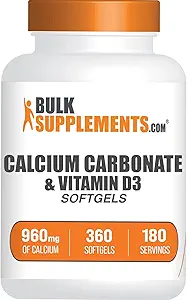 BulkSupplements.com Carbonato de Calcio &amp; Vitamina D3 Softgels - Calcio y Vitamina D3, Calcio &amp; D3 Suplemento para Immune Support - Gluten Free, 2 Softgels por Serving, 360 Conde (Pack of 1)
