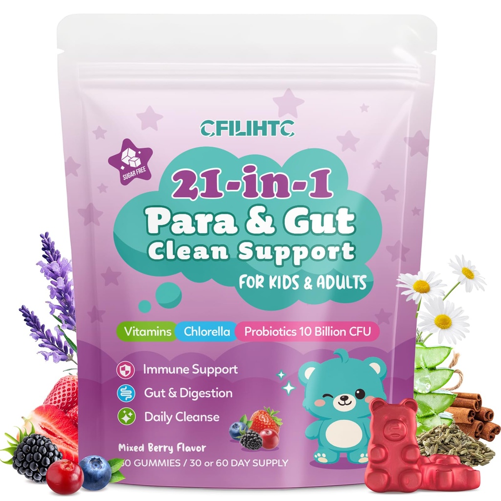 21-in-1 Parasite Cleanse for Humans & Kids – Herbal Gut Health & Digestive Gummies with Wormwood, Pumpkin Seed, Probiotics, Vitamin C, D3 & Zinc, Immune & Digestive Balance, Sugar Free, 60 Gummies