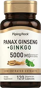 Piping Rock Panax Ginseng &amp; Ginkgo Biloba Suplemento Silencio 5000 mg  120 Capsules ← Black Pepper Extract ← Vegetarian, Non-GMO, and Gluten Free Supplement