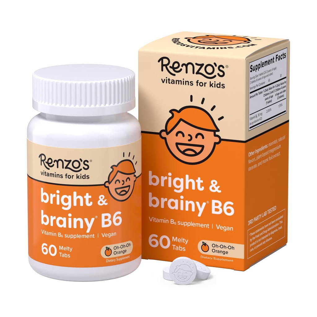 Renzo's Bright & Brainy Vitamin B6, Dissolving Kids Vitamin B6, 60 Sugar-Free Melty Tabs, Oh Oh Oh Orange Flavored
