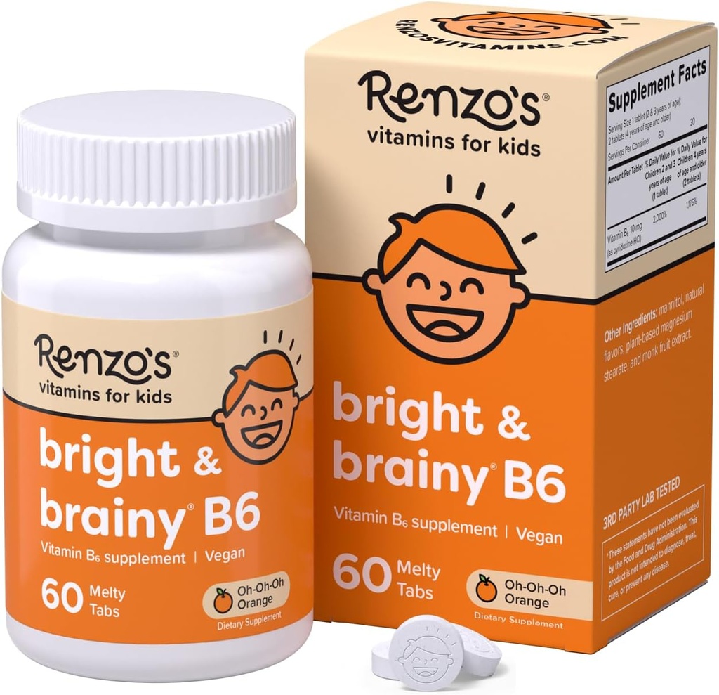 Renzo's Bright &amp; Brainy Vitamin B6, Dissolving Kids Vitamin B6, 60 Tabs sin azúcar, Oh Oh Orange Flavored