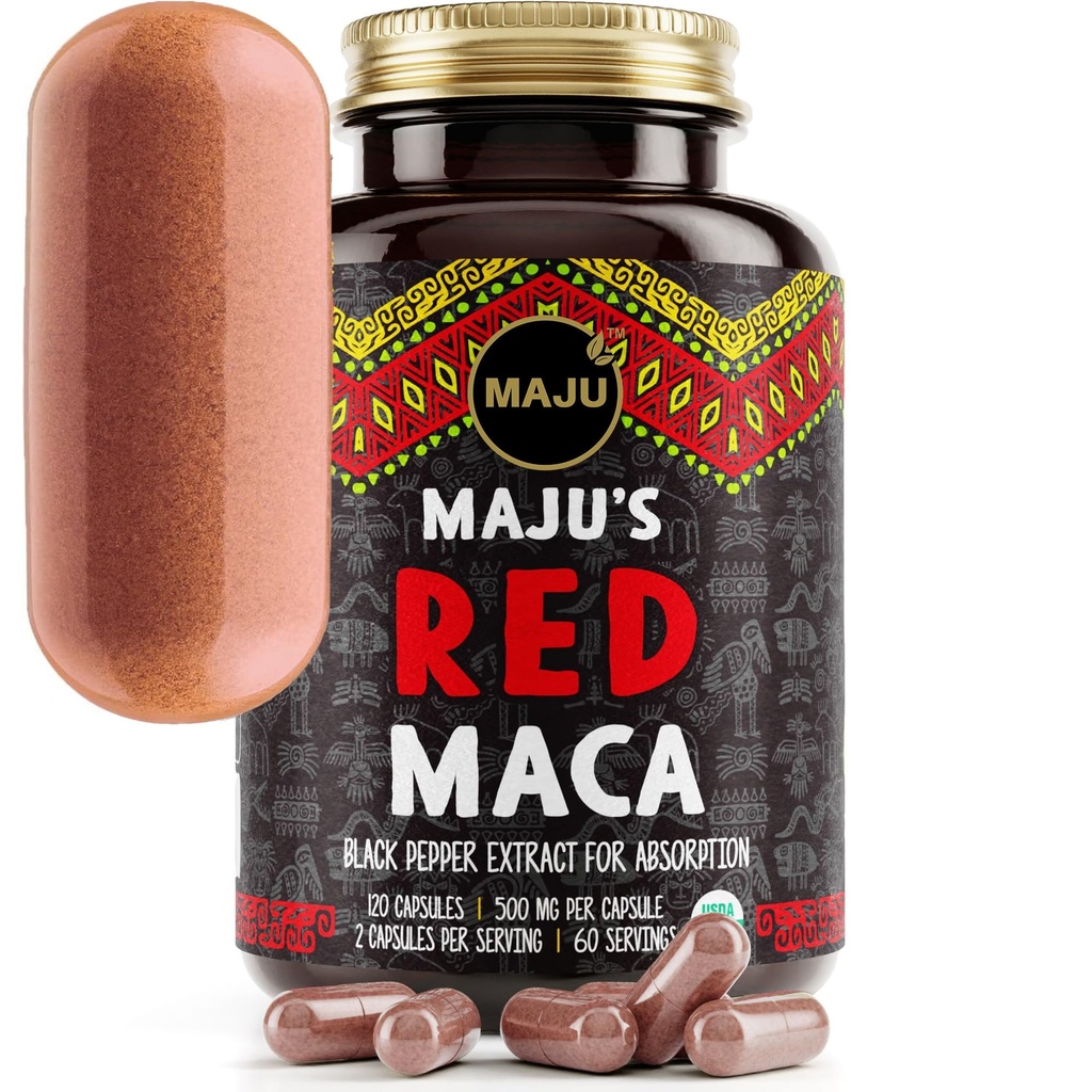 Maju Superfoods Organic Red Maca Root Capsules 120ct - Mujeres Focused Curve Enhancement Nutrition Booster Pills, Gain for Thighs, Powder in Pill Supplement