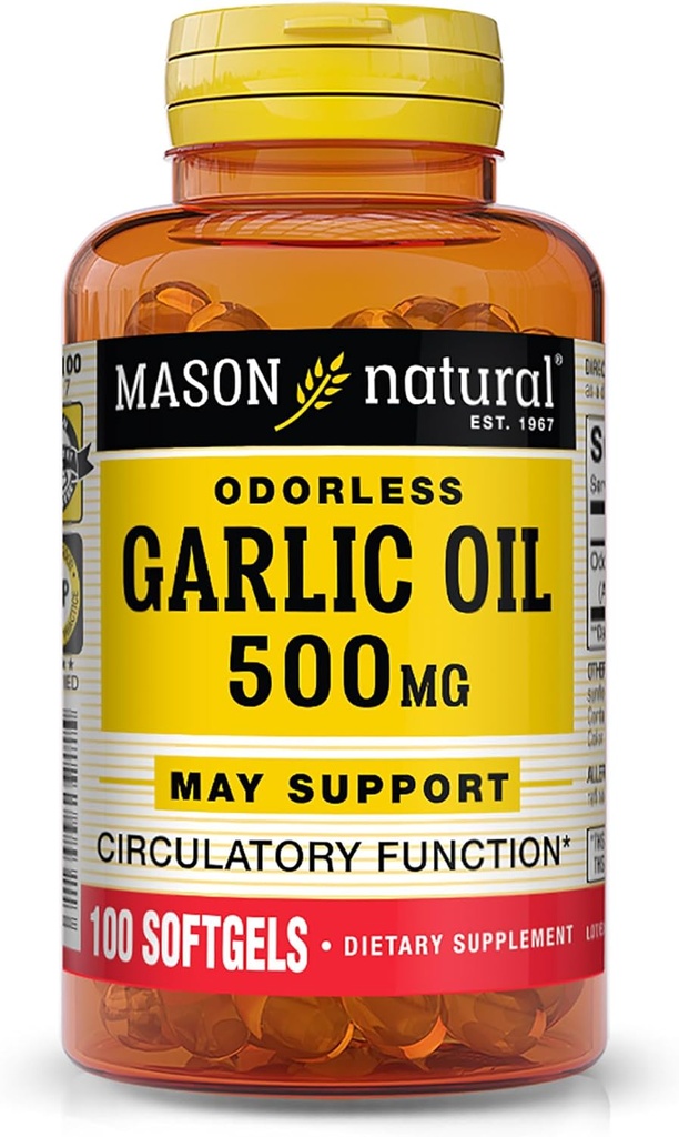 MASON NATURAL Aceite de Ajo 500 mg Odorless Sativum Suplemento - Apoyos Función Circulatoria Saludable, 100 Softgels