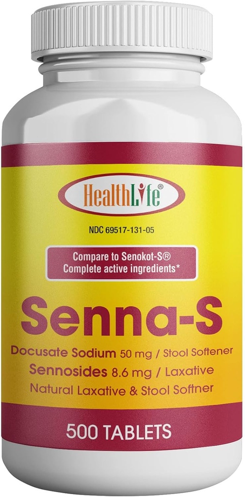 HEALTH LFE Senna-S Tablets, Senna Plus(Laxative/Stool Softener) Gentle Overnight Relief of Occasional Constipation Generic for Senokot-S (Small (Pack of 1), 500)