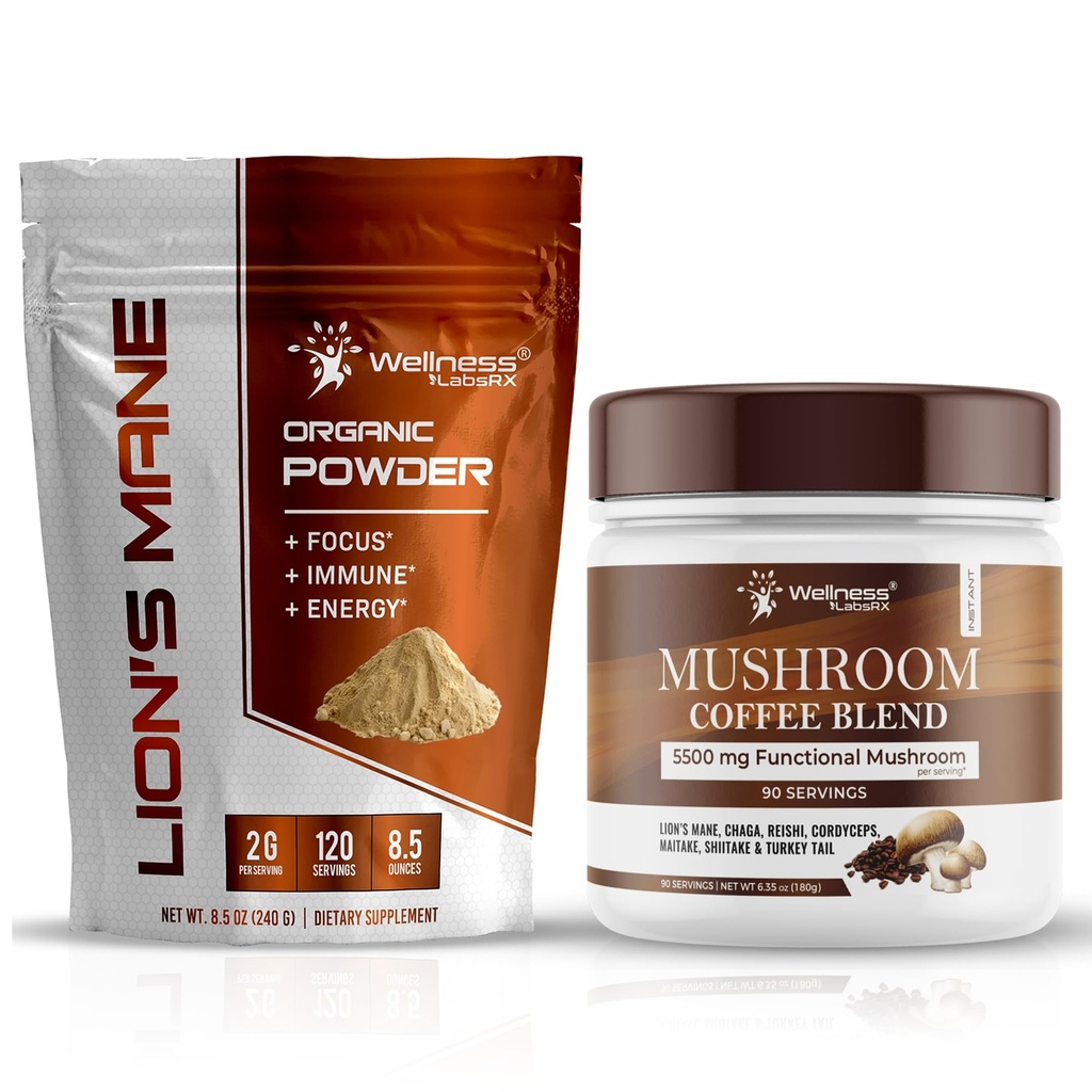 WELLNESS LABSRX Lions Mane Powder 2000mg - Mushroom Coffee Blend | Bundle