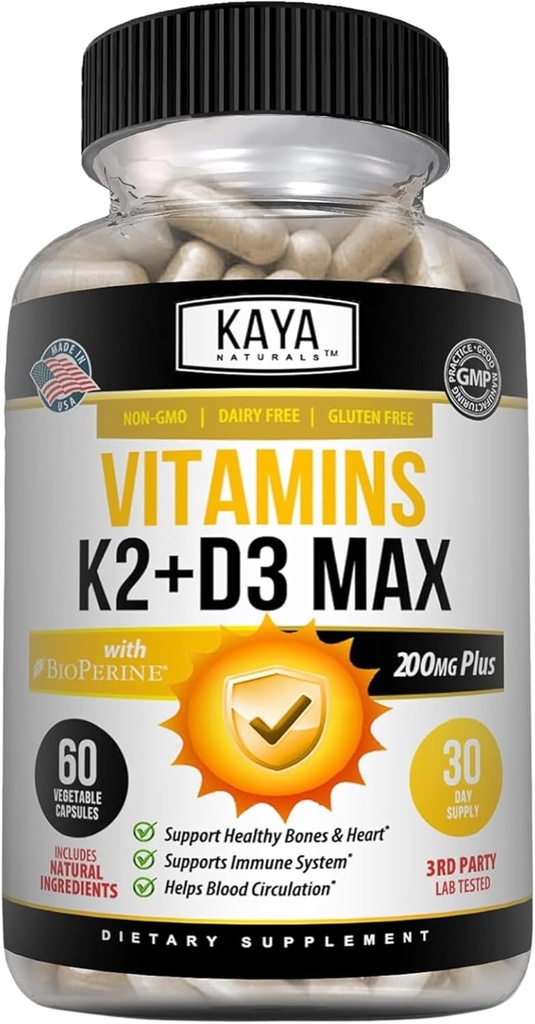 Kaya Naturals Vitaminas K2 con D3 5000IU Suplemento para Hombres y Mujeres - Fácil de Tragar - Bioperina Capsules (60 Cuenta (Pack of 1))